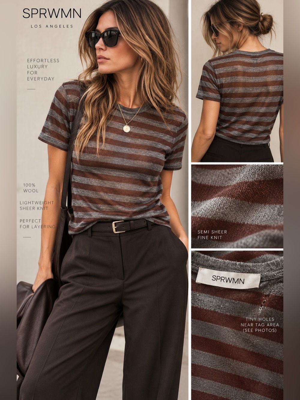 SPRWMN 100% Wool Striped Crewneck T Shirt Brown Gray Size S Luxury Tee